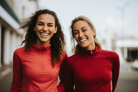 Living a fitness lifestyle Happy female athletes wearingの素材