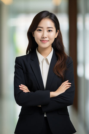 Confident smiling young professional business woman ceo corporate leader, female Asian lawyer or hr manager wearing suit standing arms crossed in office, vertical portrait.の素材