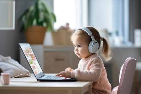 Infant girl using laptop remote working at home office looking at computer talking having hybrid virtual meeting learning english communicating by video call, elearning webinarの素材