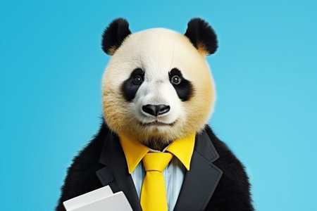 a panda wearing a snow cap and scarf,yellow isolated blue backgroundの素材