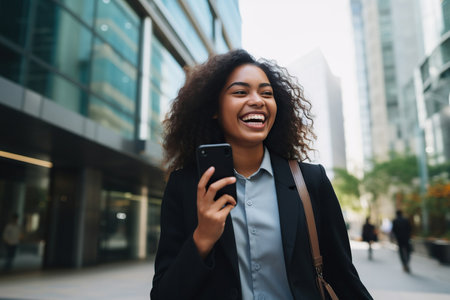 Young busy happy Asian business woman office professional holding cellphone in hands walking on cityの素材