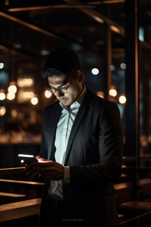 Pensive entrepreneur using digital tablet at night timeの素材