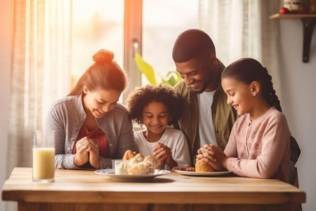 Happy multiracial family couple with children pray together before having morning breakfast at home together. Multiethnic parents with mixed race kids hold hands say prayer sit at kitchen tableの素材