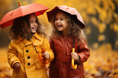 Happy funny sisters child girl with umbrella in autumnの素材