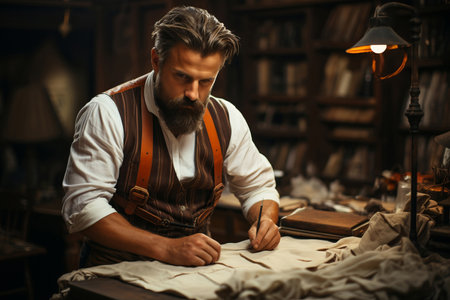 Handsome serious tailor with beard in white shirt with brown leather suspenders working near wooden table with threads, apron and scissors in amazing atelier with antique furnitureの素材