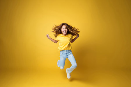 Portrait of jumping teenage girl on color yellow backgroundの素材