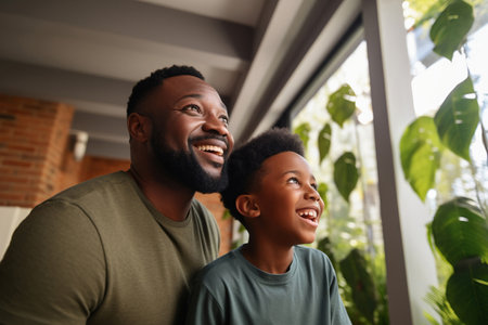 Happy African Black father having fun with teen boy at home.の素材