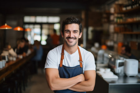 barista in apron looking at camera and smilingの素材