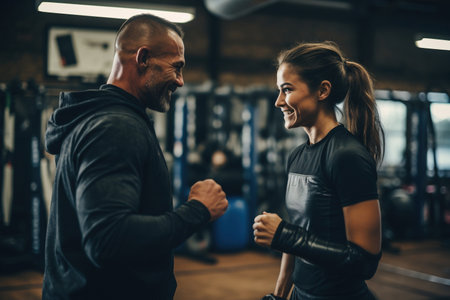 Female boxer training with a coach in a gymの素材