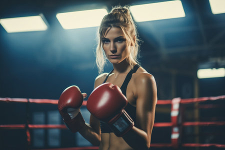 Female boxer punching focus pads in a boxing ringの素材