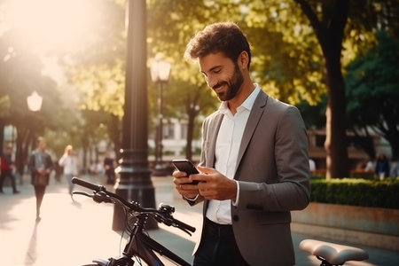 Latin business man holding smartphone using bike rentalの素材