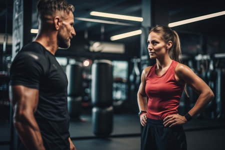 Female boxer training with a coach in a gymの素材