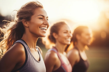 Living a fitness lifestyle Happy female athletes wearingの素材