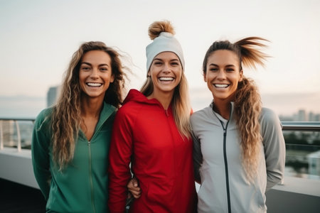 Living a fitness lifestyle Happy female athletes wearingの素材