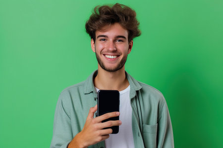 Smiling young man holding a smartphone on a green backgroundの素材