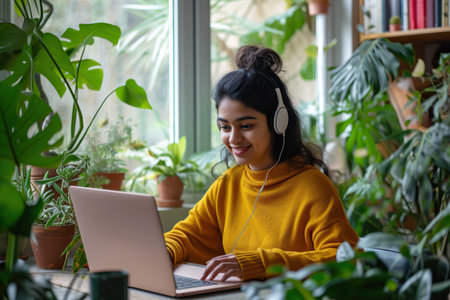 Indian girl in headphones working on laptop with a smile at homeの素材