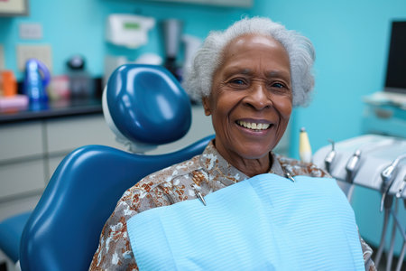Satisfied African American senior woman at dentist's office looking at cameraの素材
