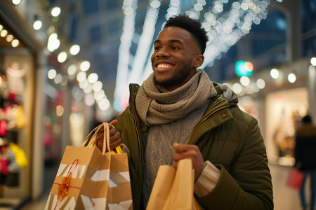 Young man enjoying in shopping gifts at mallの素材