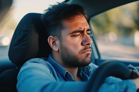 Emotional Latin man driving a car, had an accident. Sad driver stuck in traffic.の素材