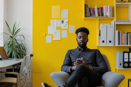 Man holding cell phone and sitting in an officeの素材
