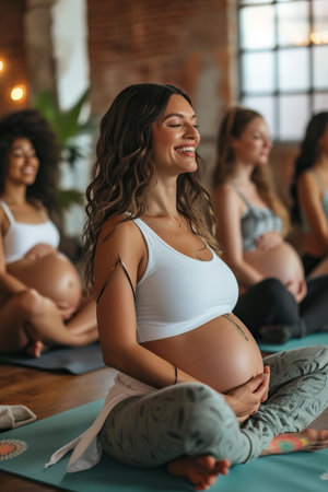 Group of expecting moms in a prenatal yoga class, smiling and practicing wellnessの素材