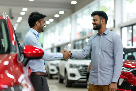 Happy Indian man shaking hands with salesperson after buying new car in showroomの素材