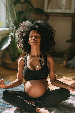 Woman meditating and practicing yoga for a peaceful, healthy pregnancyの素材
