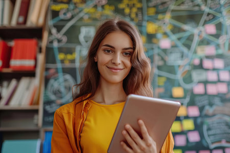 Happy high Latin school teacher using digital tablet and looking at cameraの素材