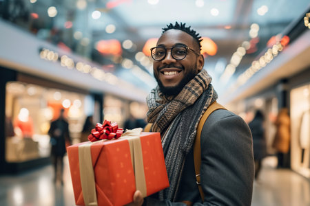 Young African American man enjoying in shopping gifts at mallの素材