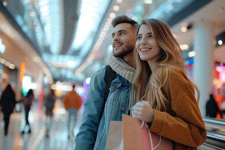 Happy woman and her boyfriend enjoy in shopping day in mallの素材