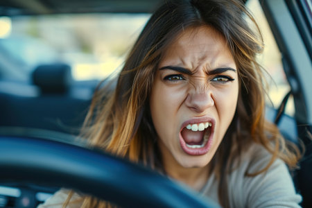 Furious Latin woman. Emotional woman feeling extremely furious while driving near crazy dangerous driverの素材
