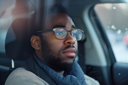 Emotional African American man driving a car, had an accident. Sad driver stuck in traffic.の素材