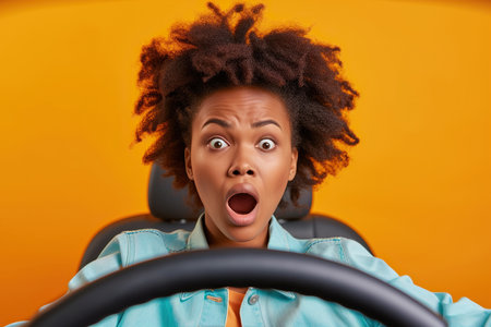 Photo of shocked African American lady buy new car impressed fast speed control steering wheel isolated on vibrant color backgroundの素材