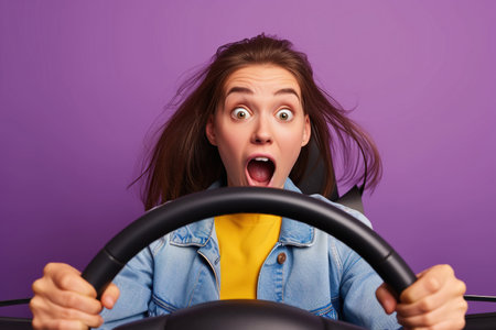 Shocked Lady buy new car impressed fast speed control steering wheel isolated on vibrant color backgroundの素材