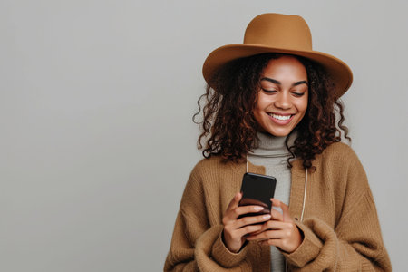 Fashionable woman smiling and holding smartphone app in studio portraitの素材