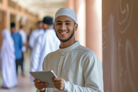 Happy high school Arabian teacher using digital tablet and looking at cameraの素材
