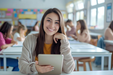 Happy high Latin school teacher using digital tablet and looking at cameraの素材