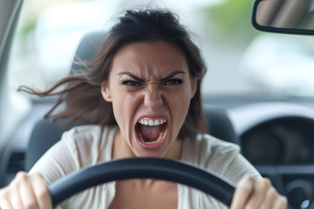 Furious Latin woman. Emotional woman feeling extremely furious while driving near crazy dangerous driverの素材