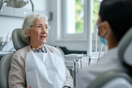 Senior woman talking to her dentist during appointment at dental clinicの素材