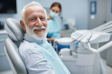Satisfied senior man at dentist's office looking at cameraの素材