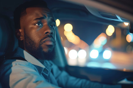 Emotional African American man driving a car, had an accident. Sad driver stuck in traffic.の素材