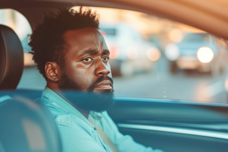 Emotional African American man driving a car, had an accident. Sad driver stuck in traffic.の素材