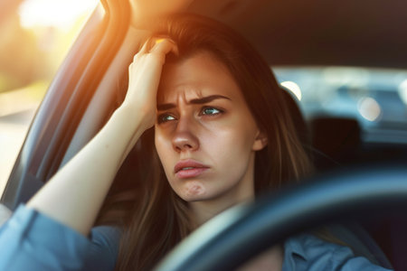 Cropped shot of a young woman looking stressed-out while sitting in her car. Stressed woman driver. Transportation concept.の素材