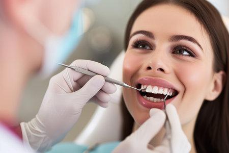 Close up of woman during teeth check-up at dentist's officeの素材