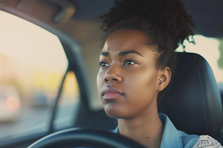 Emotional African American woman driving a car, had an accident. Sad driver stuck in traffic.の素材