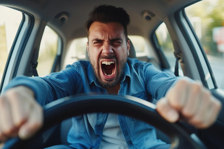 Furious Latin man. Emotional man feeling extremely furious while driving near crazy dangerous driverの素材