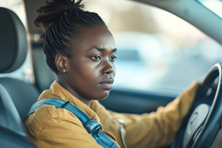 Emotional African American woman driving a car, had an accident. Sad driver stuck in traffic.の素材