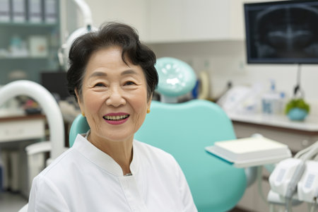 Satisfied Korenian senior woman at dentist's office looking at cameraの素材