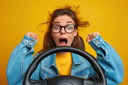 Shocked Lady buy new car impressed fast speed control steering wheel isolated on vibrant color backgroundの素材