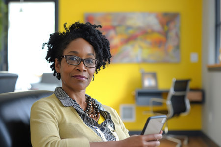 Beautiful African American woman holding cell phone and sitting in an officeの素材